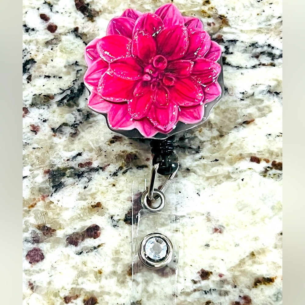 Pink flower badge reel. Badge pull.